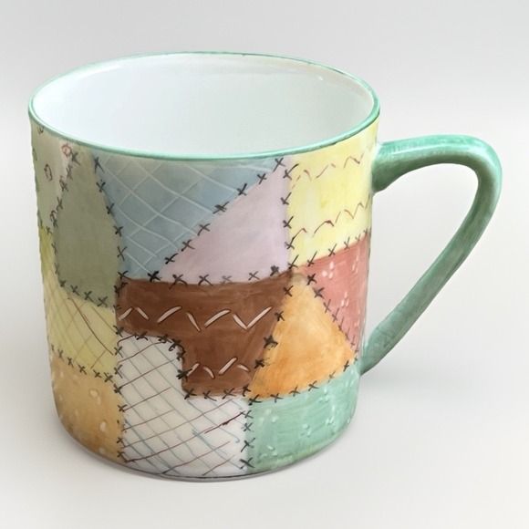 The Unbranded Brand Other - Vintage Hand Painted Patchwork Quilt Mug Pastel Folk Art Ceramic Cup Signed 77
